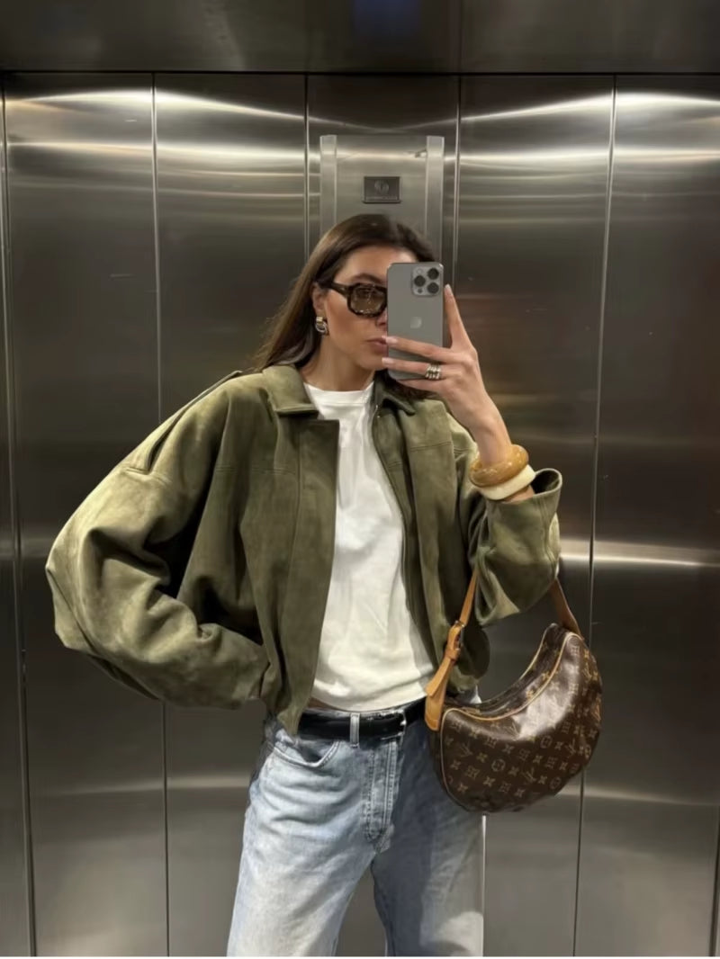 Chic Suede Texture Bomber Jacket for Women - Spring 2025 Fashion Must-Have!