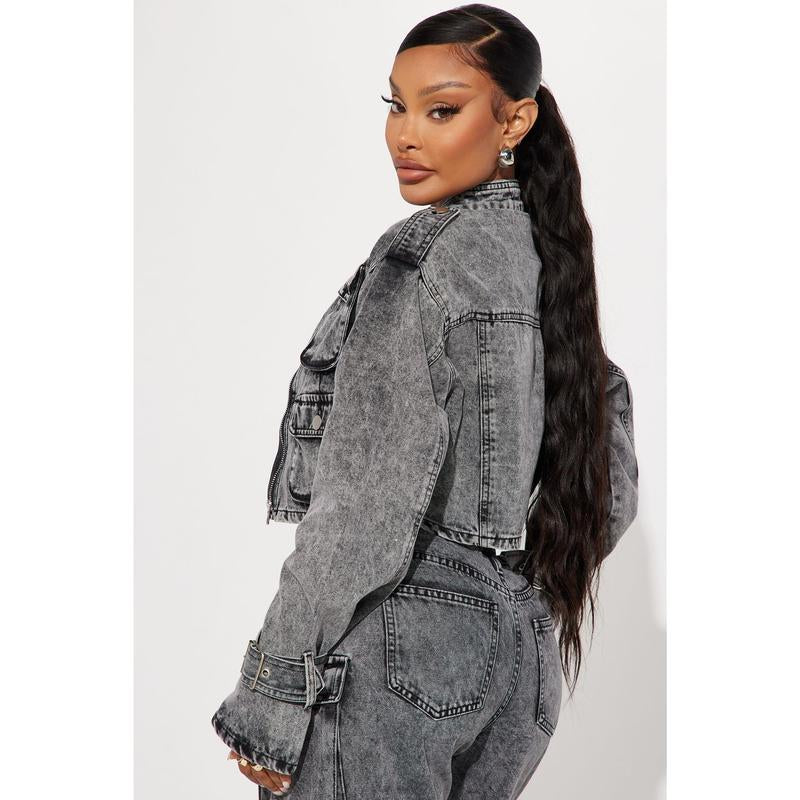 Chic Billie Acid Wash Black Cropped Cargo Jacket
