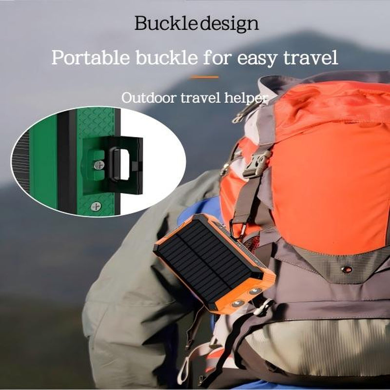 29800mAh Solar Power Bank - 7 Outputs, 15W Fast Charging, Dual Flashlights, Carabiner & Thermometer - Ultimate Portable Charger for All Mobile Devices - Perfect for Outdoor Adventures!