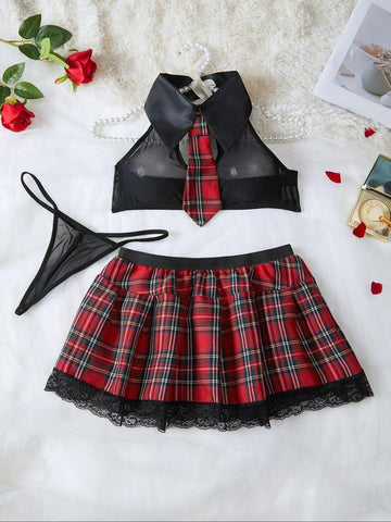 Seductive Sheer Lace Plaid School Girl Lingerie Set with Halter Crop Top, Thong & Contrast Lace Skirt - Breathable Elegance for Women