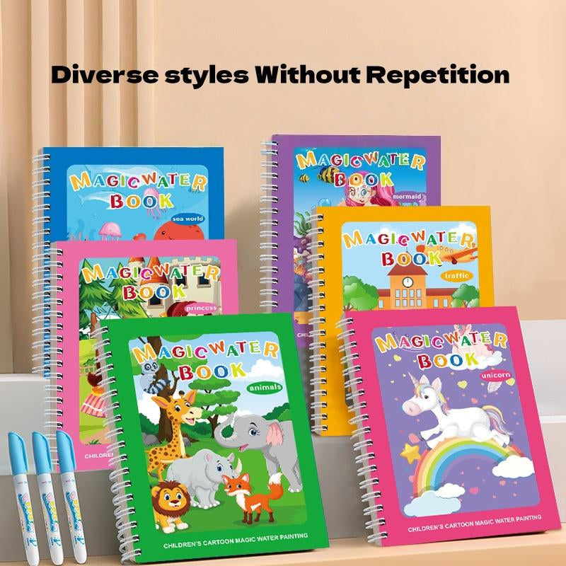 Magic Mess-Free Water Coloring Book for Toddlers - Reusable 3/6 Pack Educational Drawing Activity - Perfect Travel Toy for Kids 3-6 Years Old