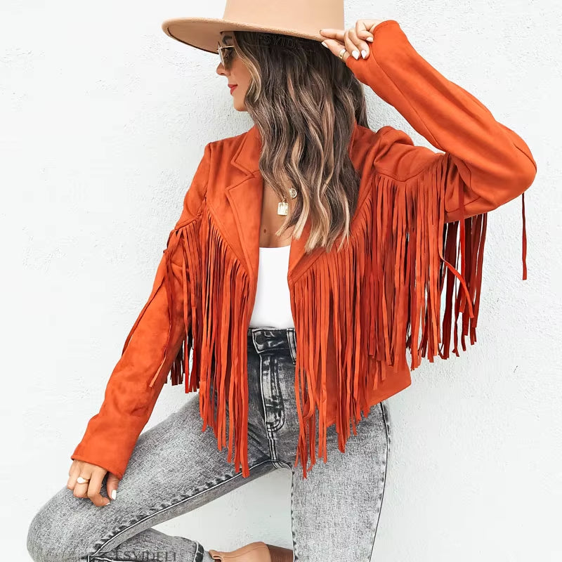 Y2K Fringed Hem Suede Leather Biker Jacket - Trendy Tassel Cardigan for Fall & Spring