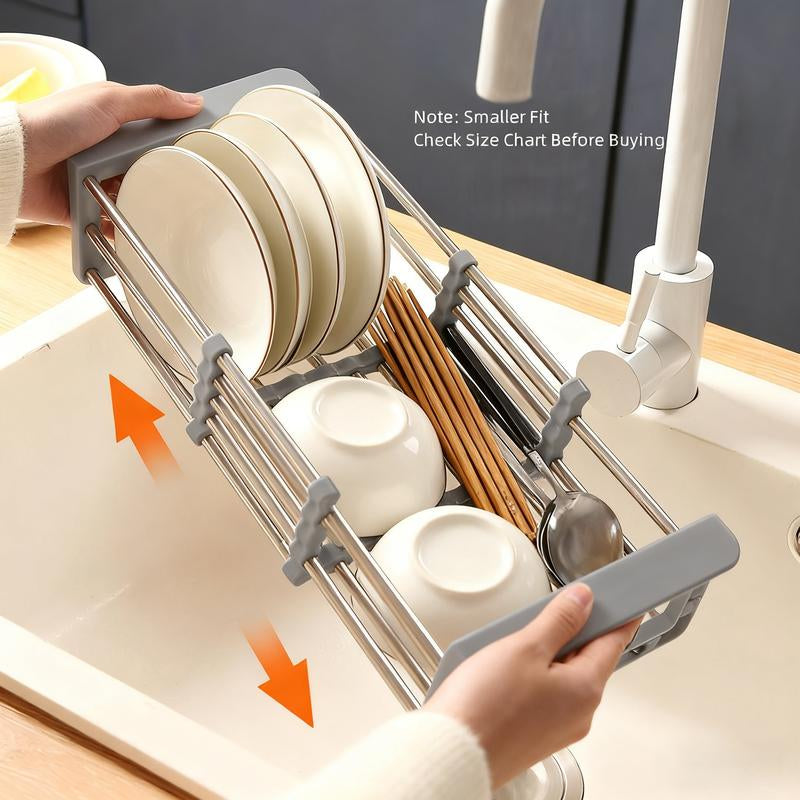 2-In-1 Stainless Steel Retractable Sink Dish Drying Rack - Versatile Kitchen Countertop Organizer for Dishes, Vegetables, and Fruits