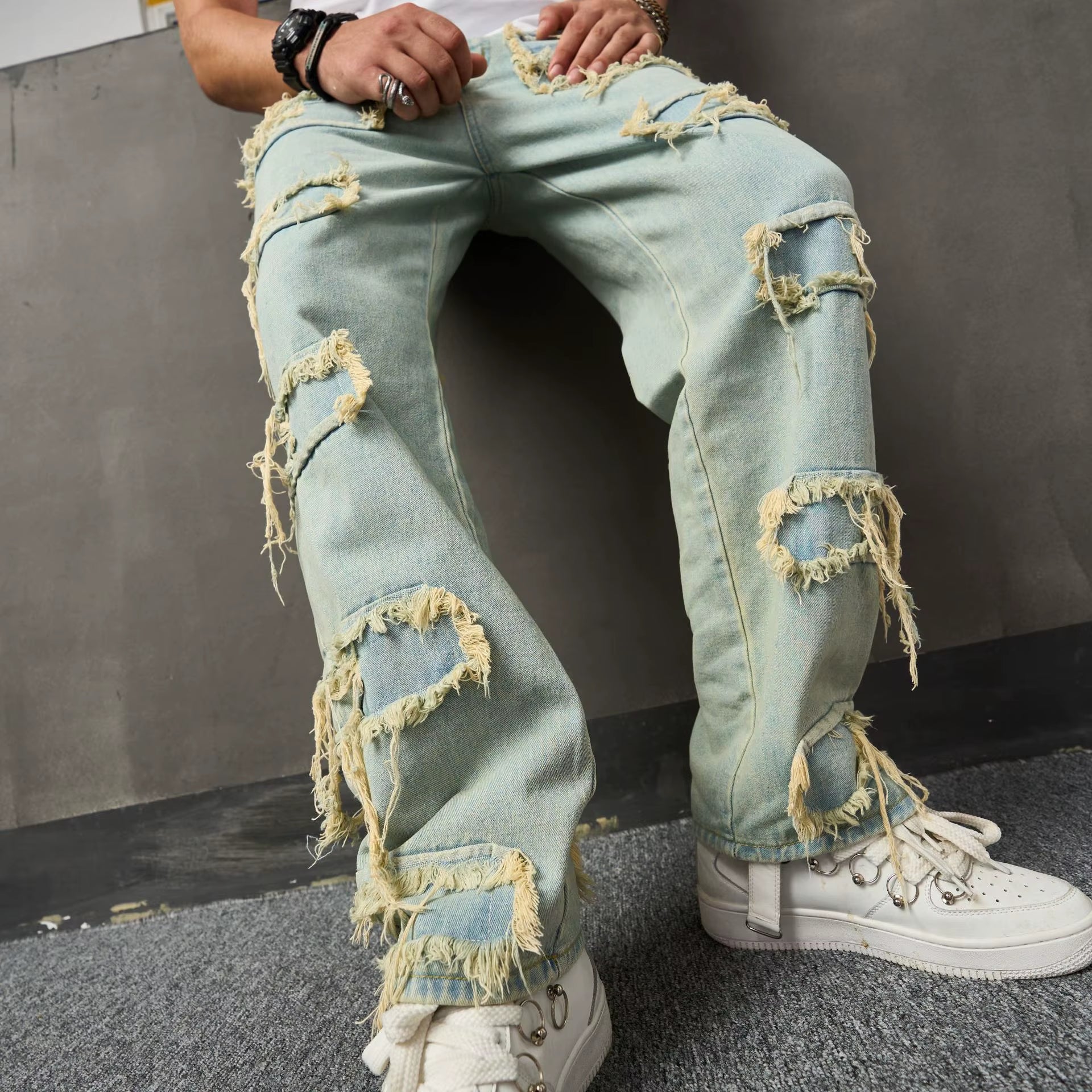 Stylish American Retro Ripped Patchwork Jeans - Men's Trendy Loose Wide-Leg Casual Pants with Anti-Bacterial Fabric