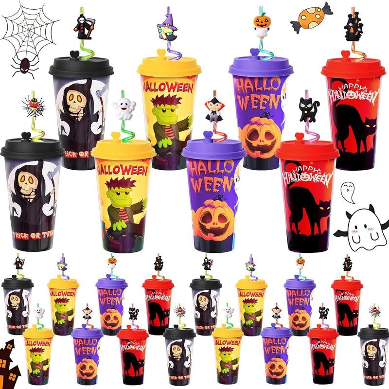 Spooktacular Halloween Goodie Cups - 24 Sets of 16OZ Plastic Favors with Lids and Silly Straws for Kids Party Bags and Decorations
