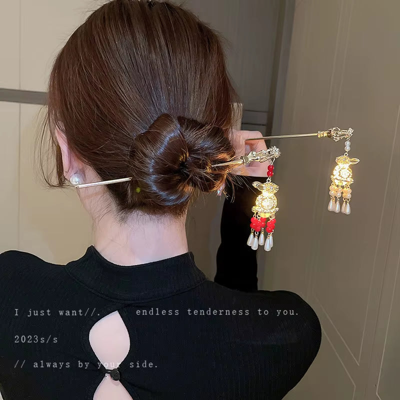 Elegant Chinese Rabbit Lantern Hair Pins - Traditional Hanfu Hair Accessories for Women and Kids