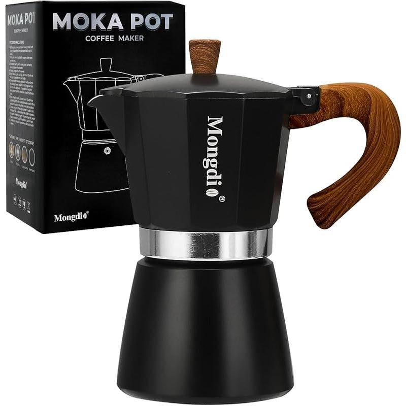 Mongdio Moka Pot Espresso Maker - 6 Cup Cuban Coffee Brewer, Italian Percolator, 10 Oz - Sleek Black Design