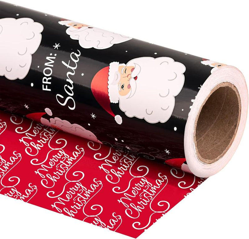 Reversible Vintage Christmas Wrapping Paper - Black Santa & Red Merry Christmas - 17" x 33' Mini Roll with Metallic Foil Shine - Perfect for Holidays & Parties