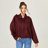 Cozy Vintage Women's Winter Jacket - Stylish Collared Zippered Long Sleeve Outerwear for Fall & Winter, Cropped with Epaulets