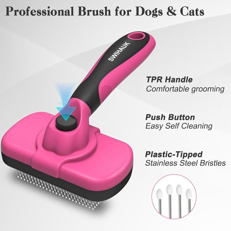Self-Cleaning Slicker Brush for Dogs & Cats – Gentle Grooming, Easy Deshedding & Hair Removal (Pink)