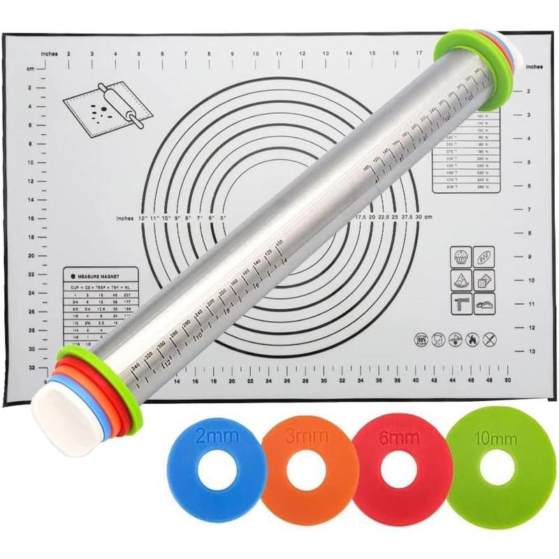 Ultimate Rolling Pin & Baking Mat Set – Adjustable Thickness Stainless Steel Dough Roller for Perfect Pastry, Pizza, Pie, Pasta & More!
