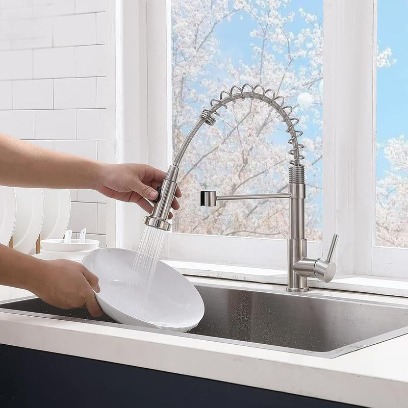 Brushed Nickel Kitchen Faucet with Pull-Down Sprayer - Modern Stainless Steel Single Handle for Farmhouse, RV, and Outdoor Use