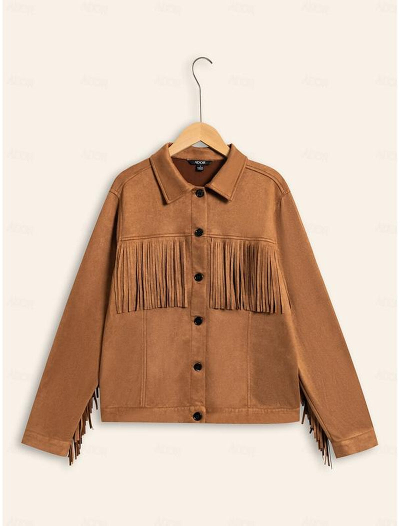 Chic ADOR Women's Suede Fringe Hem Crew Neck Jacket - Elevate Your Outerwear Collection!