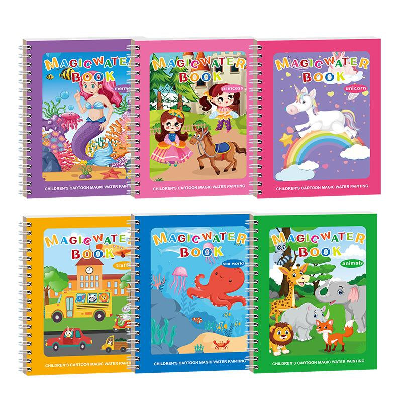 Magic Mess-Free Water Coloring Book for Toddlers - Reusable 3/6 Pack Educational Drawing Activity - Perfect Travel Toy for Kids 3-6 Years Old