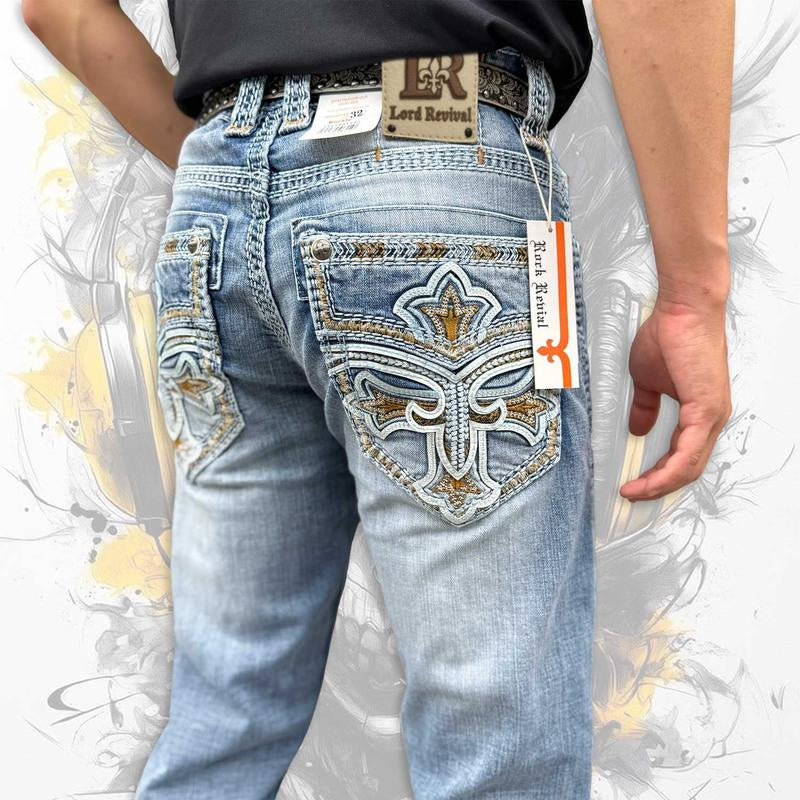 Y2K Retro Cowboy Bootcut Jeans for Men - Light Wash Distressed Denim with Gold Fleur-De-Lis Embroidery - Vaquero Rodeo Style
