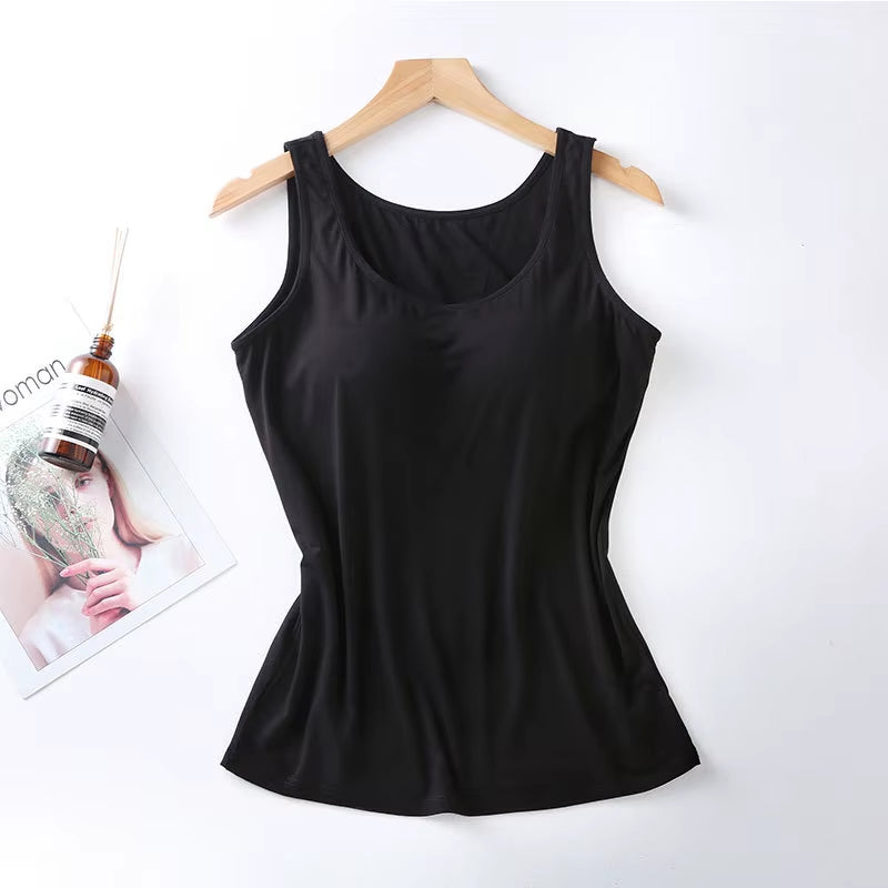 2023 Women's Slim Fit Built-in Bra Vest Tops - Stylish Solid Color Padded Casual Tank Shirts