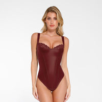 Elevate Your Silhouette: Popilush Faux Leather Lace Trim Corset Bodysuit with Tummy Control