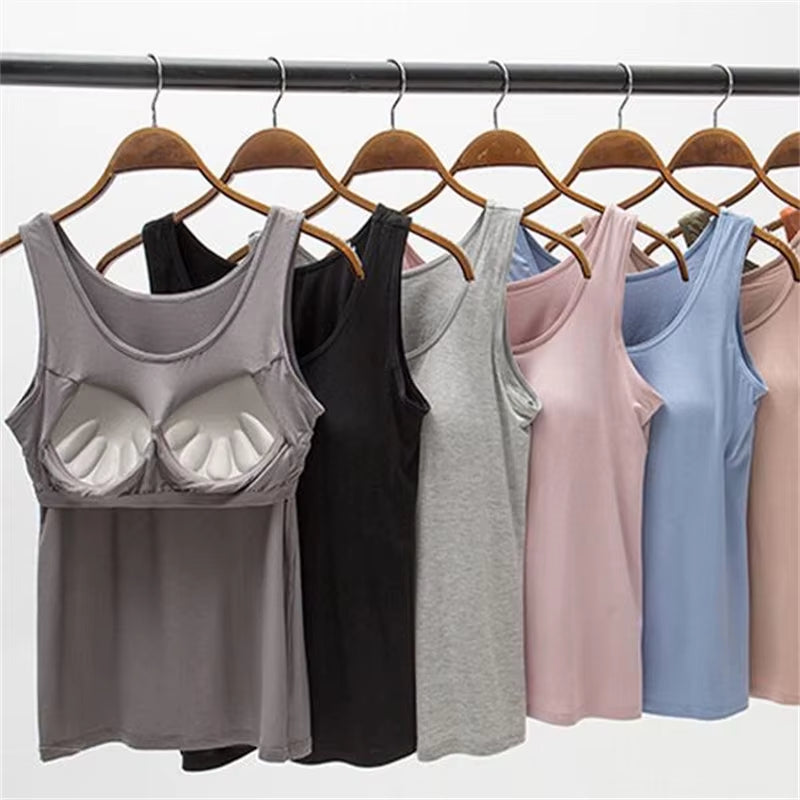 2023 Women's Slim Fit Built-in Bra Vest Tops - Stylish Solid Color Padded Casual Tank Shirts