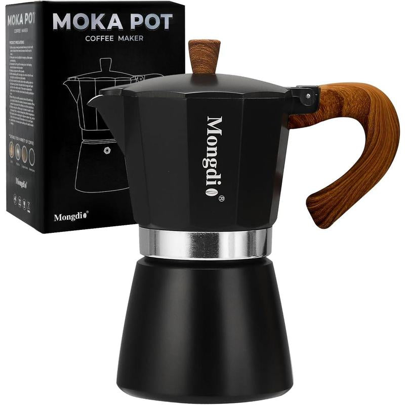 Mongdio Moka Pot Espresso Maker - 6 Cup Cuban Coffee Brewer, Italian Percolator, 10 Oz - Sleek Black Design