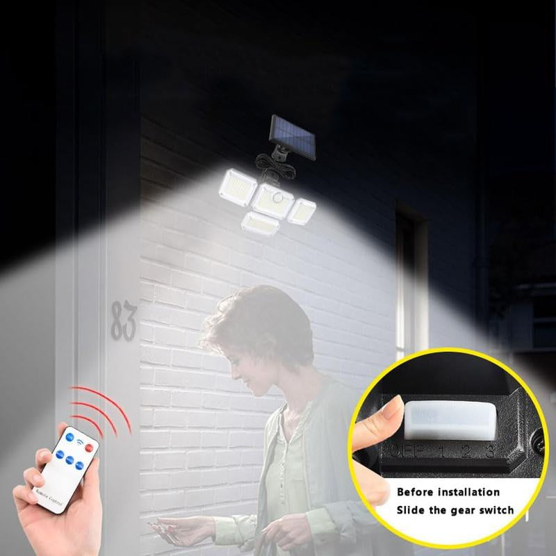 Illuminate Your Outdoors: 4-Head Solar LED Motion Sensor Light with Remote Control - Waterproof Security Solution for Front Door, Yard, and Garage!