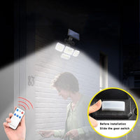 Illuminate Your Outdoors: 4-Head Solar LED Motion Sensor Light with Remote Control - Waterproof Security Solution for Front Door, Yard, and Garage!