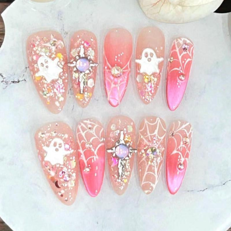 Adorable Spooky Halloween Press-On Nails - Ghost & Pink Ombre Spider Web Design with Glitter Rhinestones, Perfect for Parties & Kawaii Looks!