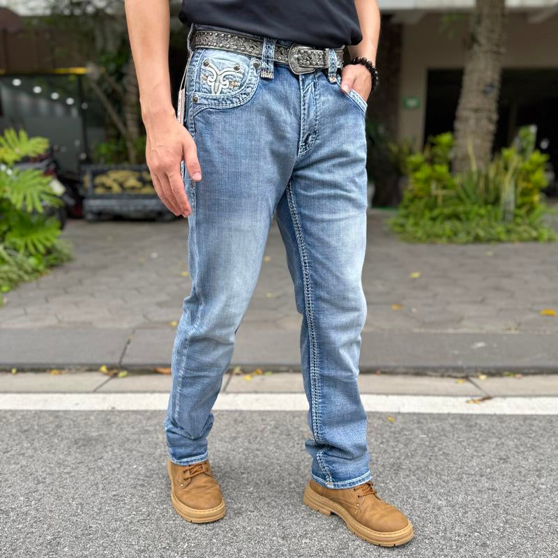 Y2K Retro Cowboy Bootcut Jeans for Men - Light Wash Distressed Denim with Gold Fleur-De-Lis Embroidery - Vaquero Rodeo Style