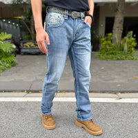 Y2K Retro Cowboy Bootcut Jeans for Men - Light Wash Distressed Denim with Gold Fleur-De-Lis Embroidery - Vaquero Rodeo Style