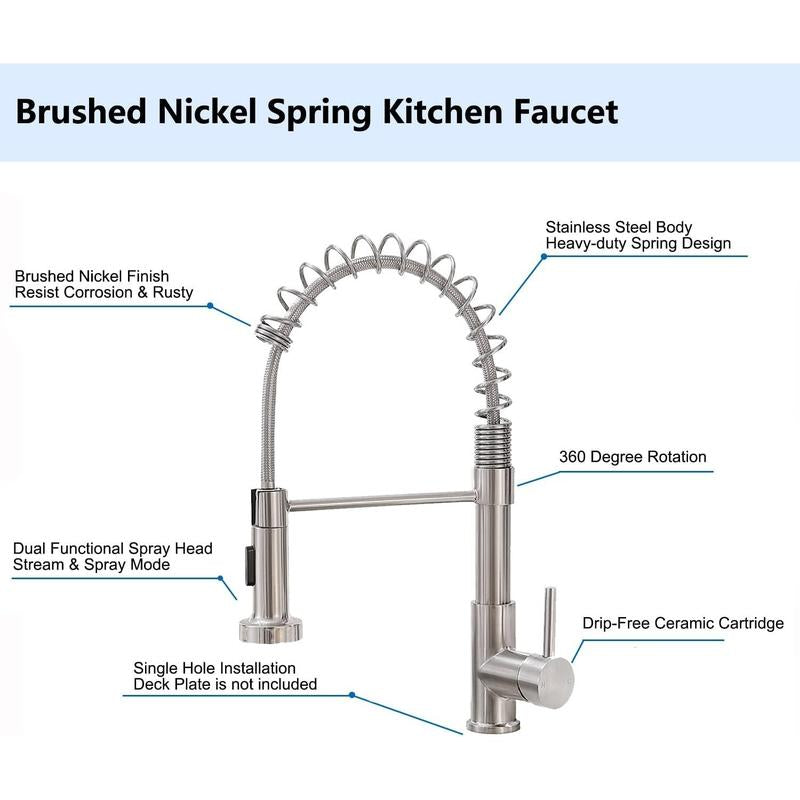 Brushed Nickel Kitchen Faucet with Pull-Down Sprayer - Modern Stainless Steel Single Handle for Farmhouse, RV, and Outdoor Use