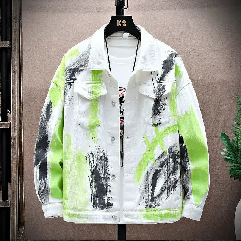 Trendy Men's Painted Denim Jacket - Stylish Graffiti Hip Hop Coat at an Affordable Price with Fast Delivery
