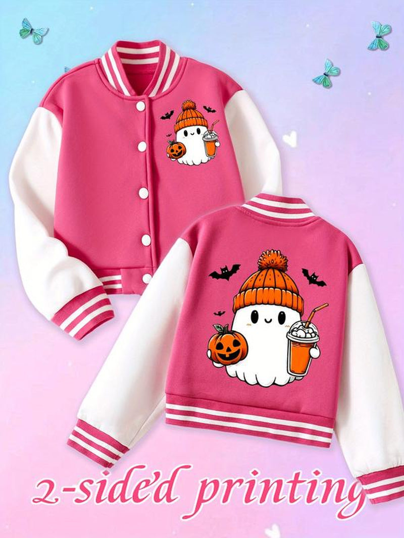 Adorable Girls' Halloween Baseball Jacket with Pumpkin Ghost Print - Cozy Elastic Fabric for Fall & Winter Parties!