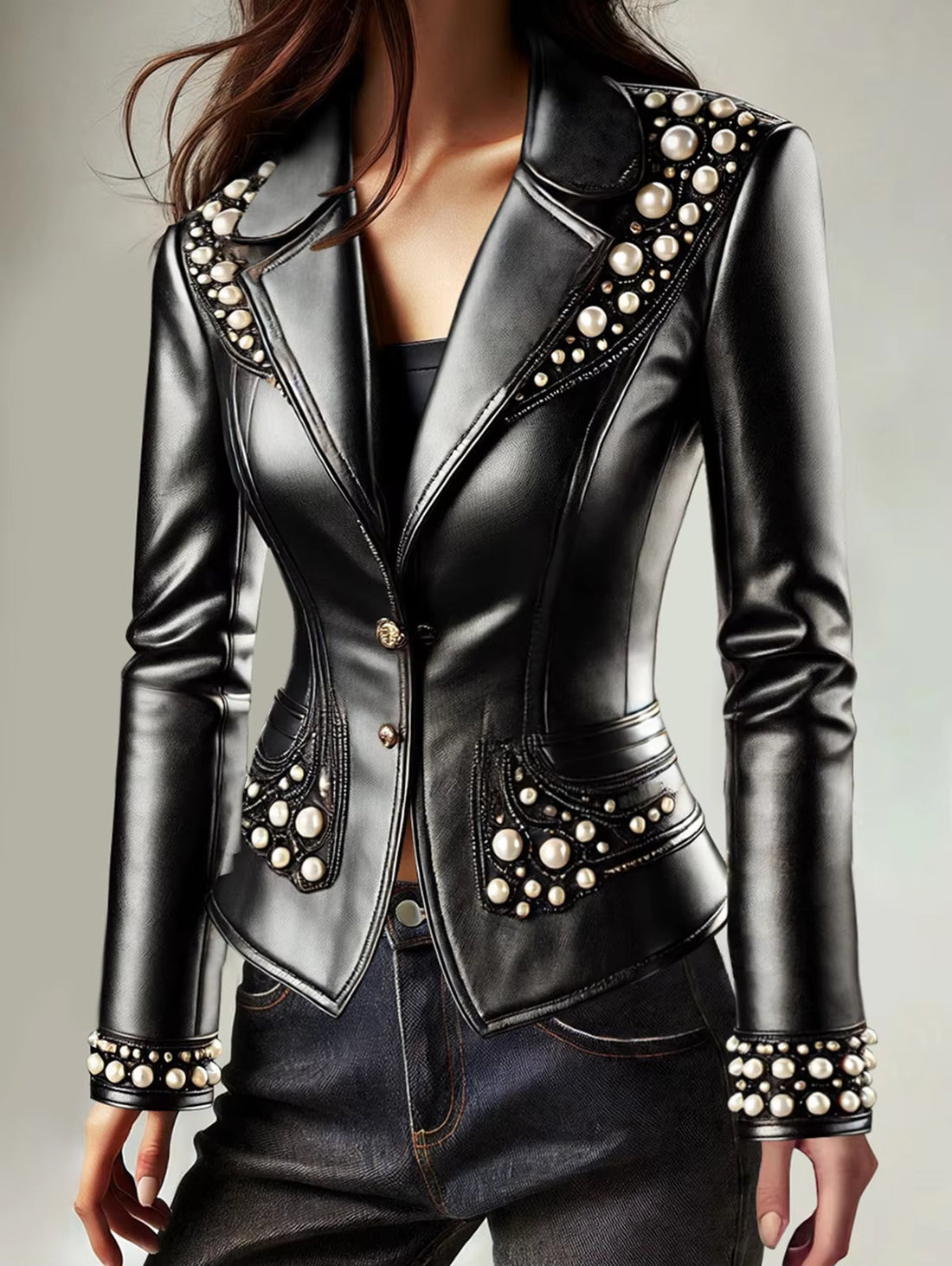 Chic PU Leather Jacket 2025 - Women's Autumn/Winter Solid Color Coat with Lapel Collar and Pearl Accents