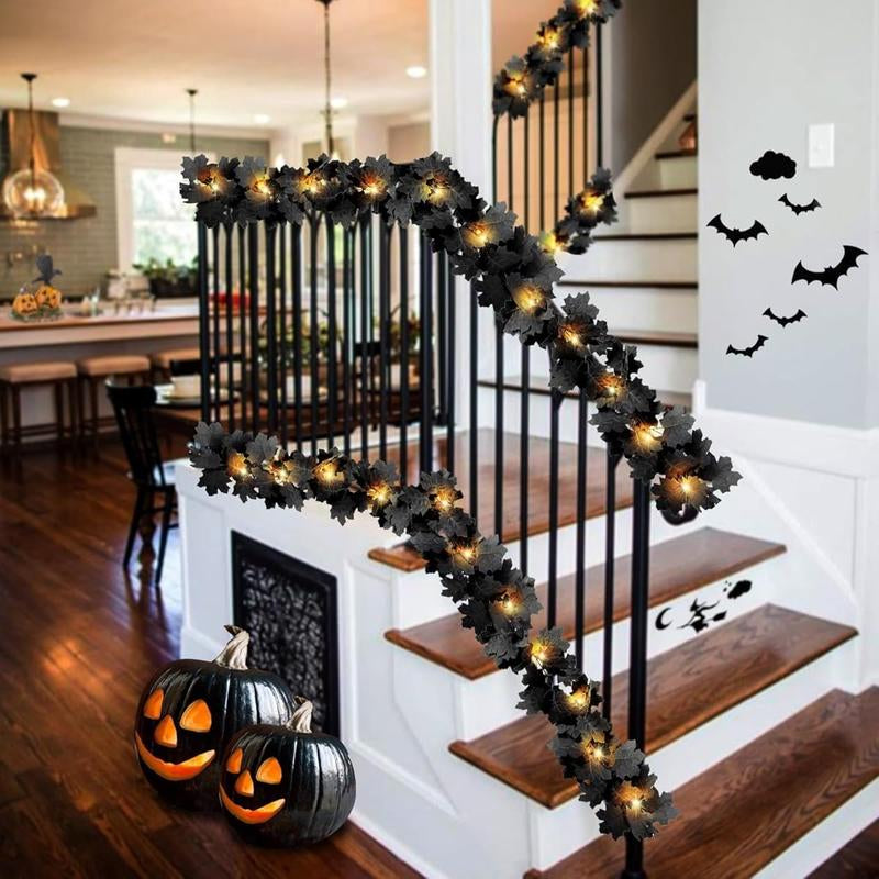 Enchanting Black Leaf Garland with Yellow LED Lights - Perfect for Halloween and Fall Decor, Ideal for Home, Weddings, and Thanksgiving Celebrations!