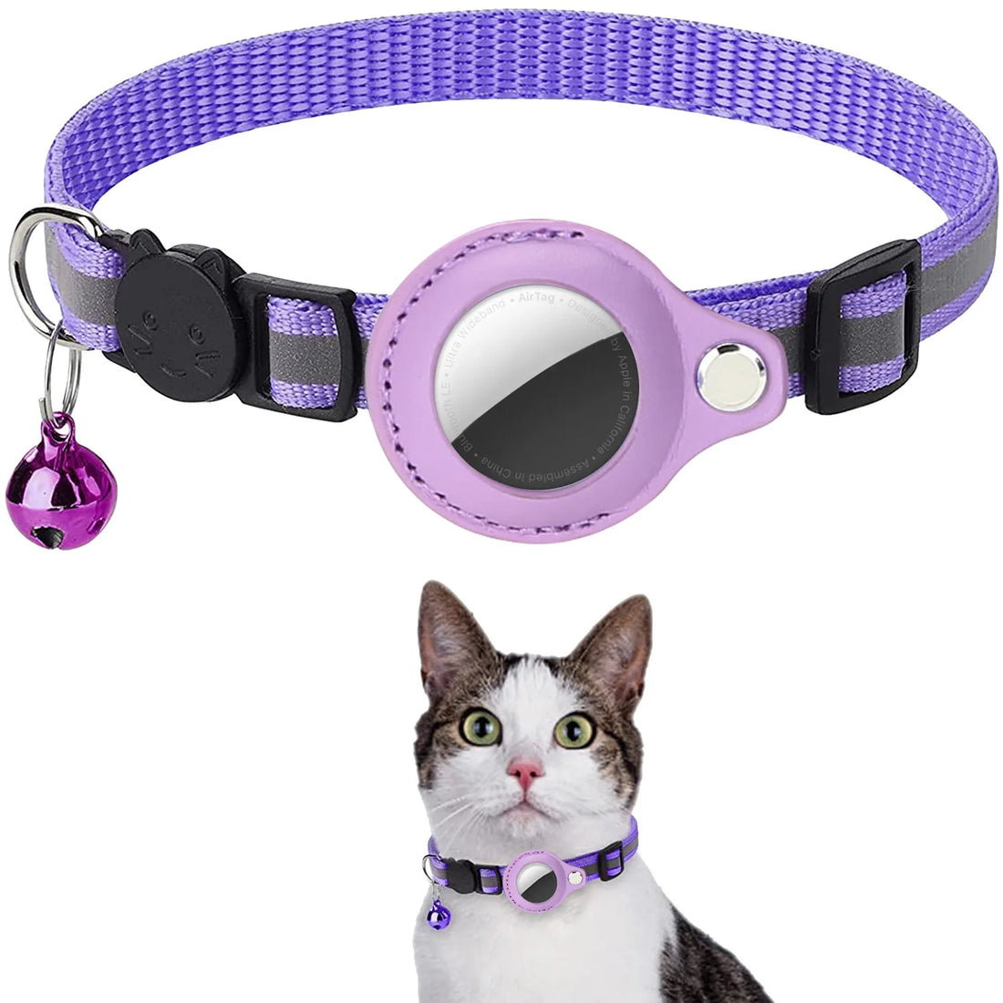 Reflective Waterproof Cat Collar with Breakaway Feature, Adjustable Fit, and Airtag Holder - Includes Bell Accessory