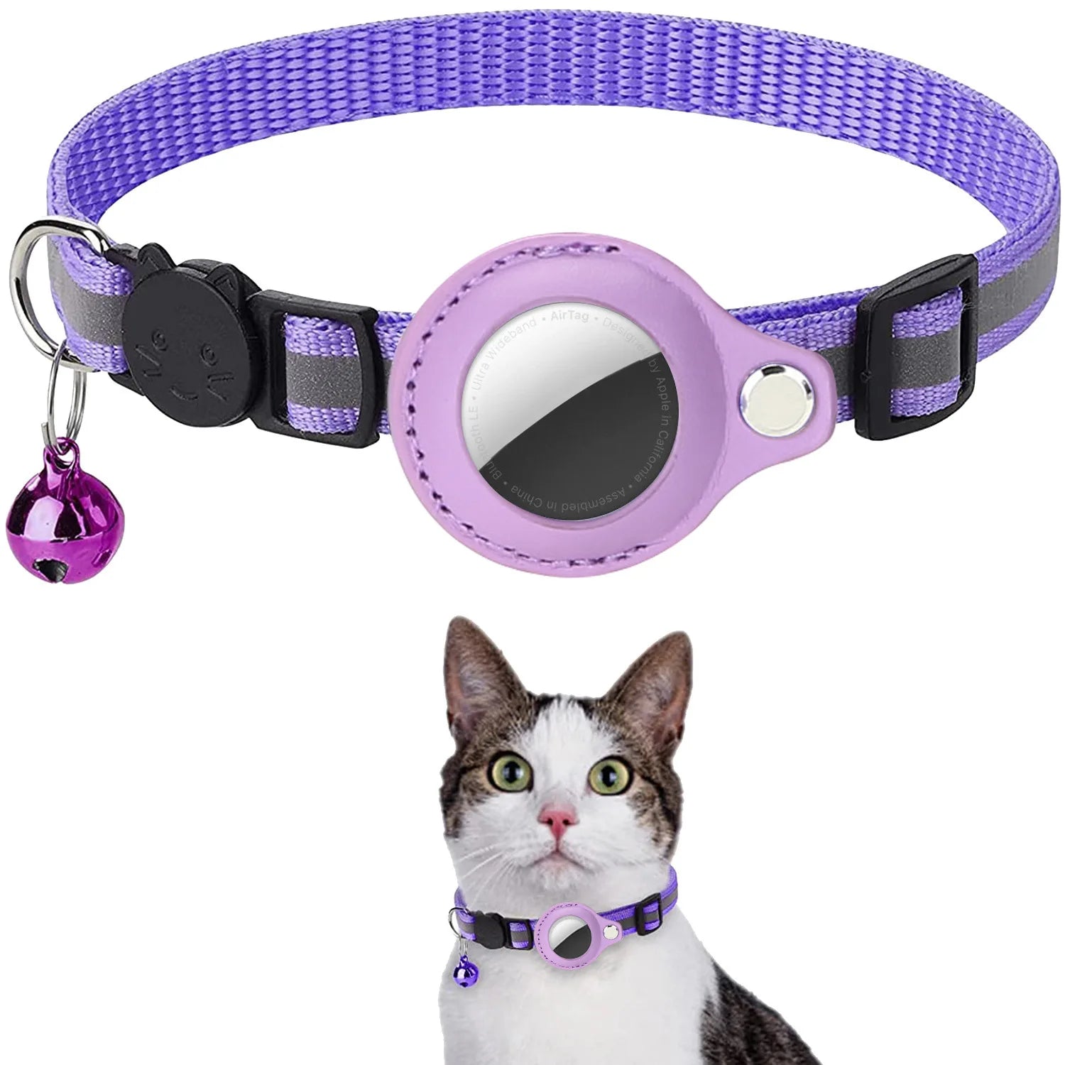 Reflective Waterproof Cat Collar with Breakaway Feature, Adjustable Fit, and Airtag Holder - Includes Bell Accessory