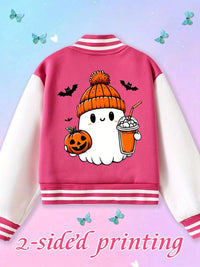 Adorable Girls' Halloween Baseball Jacket with Pumpkin Ghost Print - Cozy Elastic Fabric for Fall & Winter Parties!