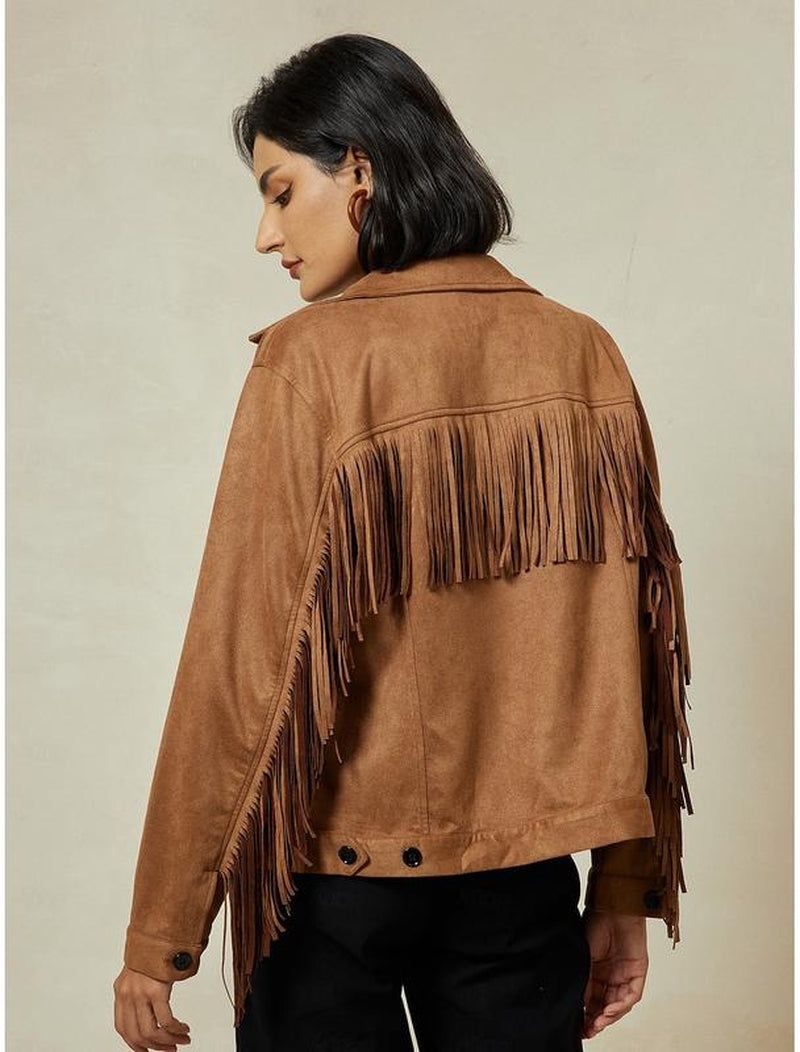 Chic ADOR Women's Suede Fringe Hem Crew Neck Jacket - Elevate Your Outerwear Collection!
