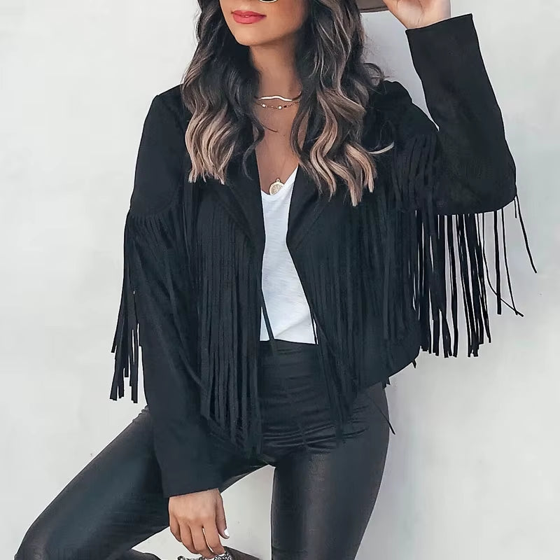 Y2K Fringed Hem Suede Leather Biker Jacket - Trendy Tassel Cardigan for Fall & Spring