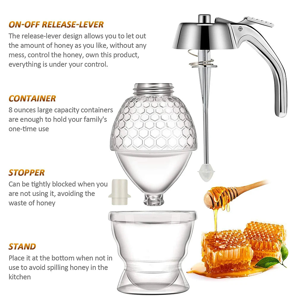 Revolutionary No Drip Honey Pourer with Stand - Elegant Storage Jar for Syrups, Juices, and More!
