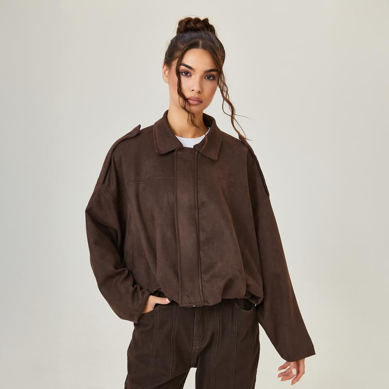 Cozy Vintage Women's Winter Jacket - Stylish Collared Zippered Long Sleeve Outerwear for Fall & Winter, Cropped with Epaulets