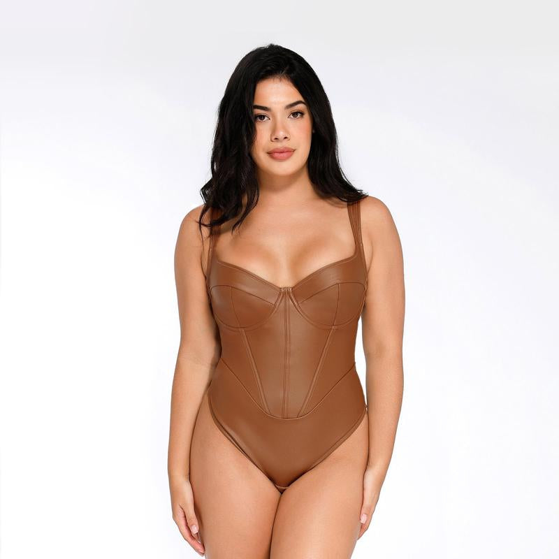 Elevate Your Silhouette: Popilush Faux Leather Lace Trim Corset Bodysuit with Tummy Control