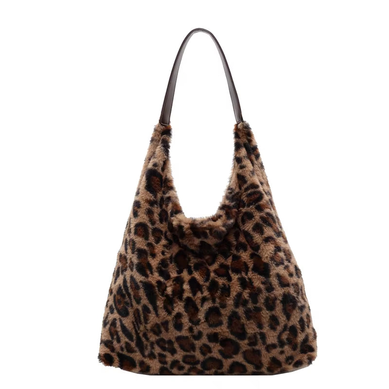 Chic Leopard Print Plush Hobo Bag - Stylish & Spacious Shoulder Purse for Commuting