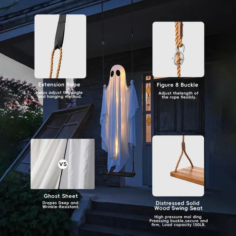 Spooky 5Ft Hanging Swinging Ghost with Lights - Perfect for Halloween Outdoor Decoration & Haunted Tree Decor for Porch and Yard