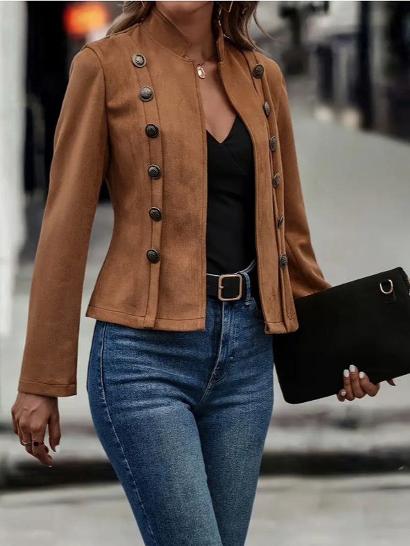 Chic Retro Suede Double Breasted Short Jacket for Women - Stylish Long Sleeve Outwear Coat