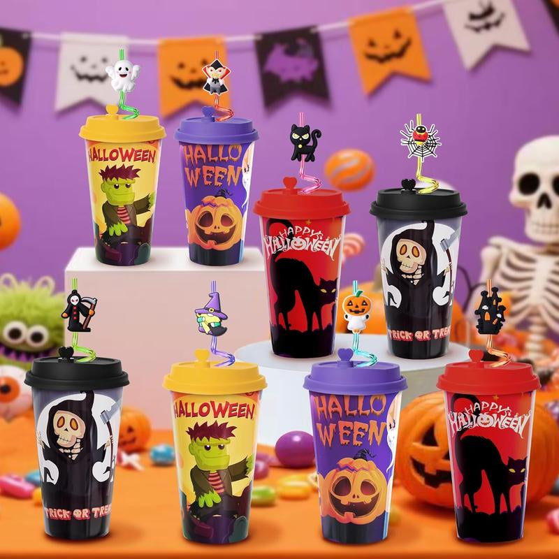 Spooktacular Halloween Goodie Cups - 24 Sets of 16OZ Plastic Favors with Lids and Silly Straws for Kids Party Bags and Decorations