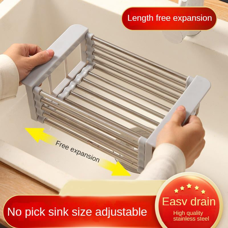 2-In-1 Stainless Steel Retractable Sink Dish Drying Rack - Versatile Kitchen Countertop Organizer for Dishes, Vegetables, and Fruits