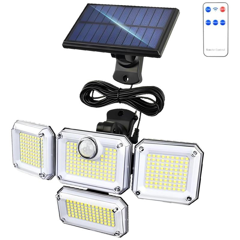 Illuminate Your Outdoors: 4-Head Solar LED Motion Sensor Light with Remote Control - Waterproof Security Solution for Front Door, Yard, and Garage!