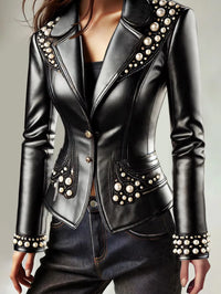 Chic PU Leather Jacket 2025 - Women's Autumn/Winter Solid Color Coat with Lapel Collar and Pearl Accents