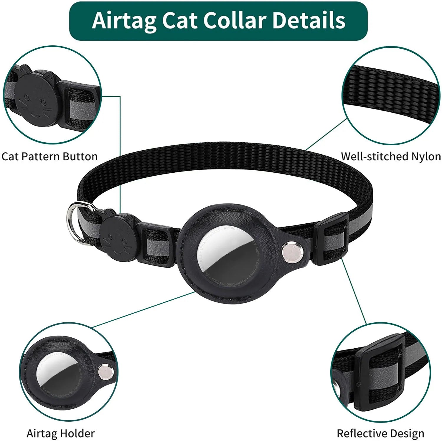 Reflective Waterproof Cat Collar with Breakaway Feature, Adjustable Fit, and Airtag Holder - Includes Bell Accessory