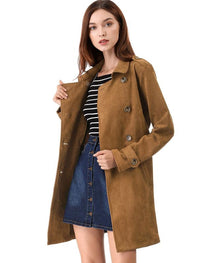 Chic Faux Suede Double Breasted Trench Coat with Belt in Stylish Brown